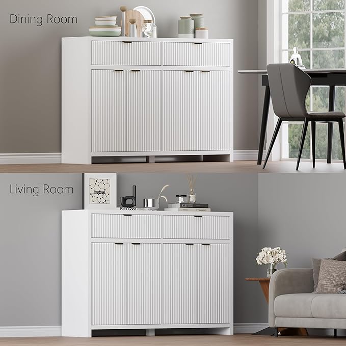 Fluted Sideboard Buffet Cabinet with Storage and Large Drawers, 55" W Credenza Storage Cabinet for Living Room or Entryway, 40'' H Farmhouse Buffet Table with Adjustable Shelves, Console Cabinet