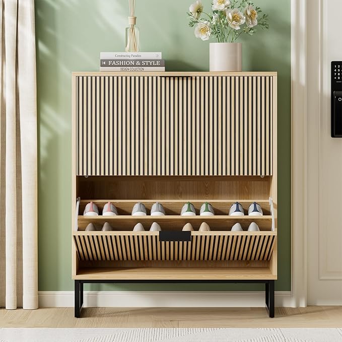 Shoe Cabinet Storage Entryway Slim, Shoe Organizer Cabinet with 2 Flip Drawers, Modern Freestanding Hidden Shoe Rack for Entryway, Natural Wood