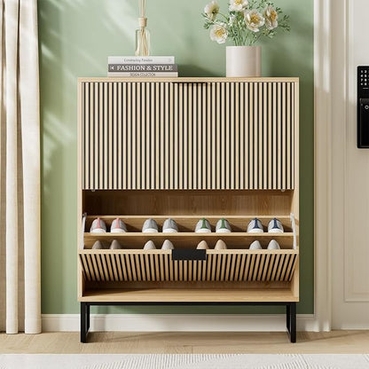 Shoe Cabinet Storage Entryway Slim, Shoe Organizer Cabinet with 2 Flip Drawers, Modern Freestanding Hidden Shoe Rack for Entryway, Natural Wood