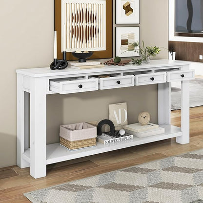 LKTART White Console Table,Solid Wood Sofa Table with 4 Drawers Hallway Table for Storage Entry Foyer Behind Couch Table,Easy Assembled (63" White)