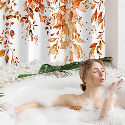 Gibelle Extra Long Shower Curtain 72 x 84, Orange Floral Shower Curtain for Bathroom, Fall Watercolor Plant Eucalyptus Leaves Fabric Shower Curtain Set