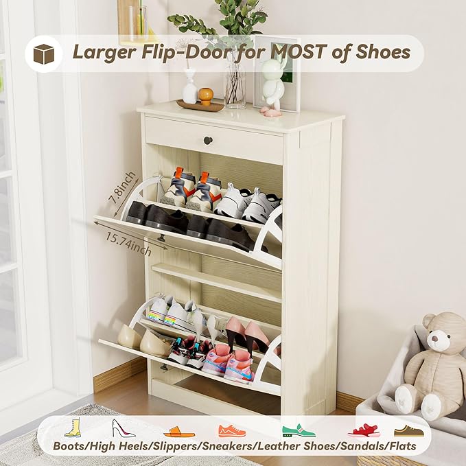 FTZxHKLX Shoe Cabinet with 2 Flip Drawers, Slim Freestanding Hidden Shoe Organizer with Drawer, Pet-Proof Shoe Storage Cabinet for Entryway Living Room Behind The Door, Light Oak