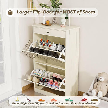 FTZxHKLX Shoe Cabinet with 2 Flip Drawers, Slim Freestanding Hidden Shoe Organizer with Drawer, Pet-Proof Shoe Storage Cabinet for Entryway Living Room Behind The Door, Light Oak