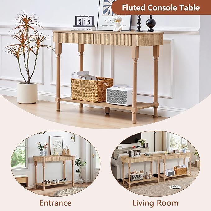 Fluted Console Table for Entryway, 43.3'' Narrow Entryway Tables with 2 Wooden Drawers, Retro Sofa Table Behind Couch Accent Tables for Foyer, Living Room, Hallway (Natural)