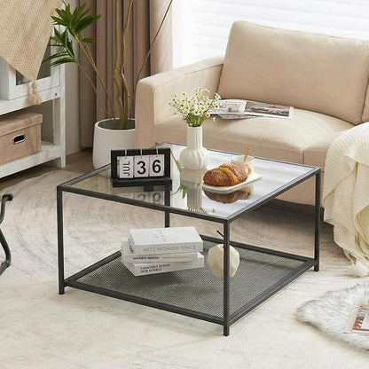 Black Glass Coffee Table, Square Coffee Tables with Storage Shelf, Simple Tea Cocktail Modern Center Tables for Small Space, Living Room, Easy Assembly, 26 * 26in（Black）