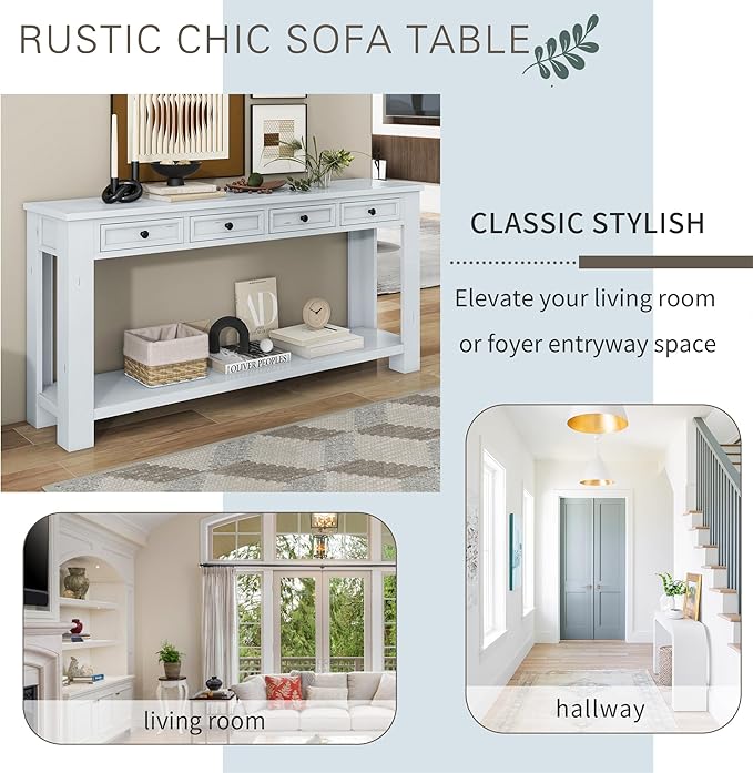 Knocbel Console Table Hallway Sofa Entryway Side Table 63" Long Furniture with 4 Drawers and Bottom Shelf for Living Room Home Decor, New Antique White