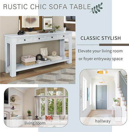Knocbel Console Table Hallway Sofa Entryway Side Table 63" Long Furniture with 4 Drawers and Bottom Shelf for Living Room Home Decor, New Antique White