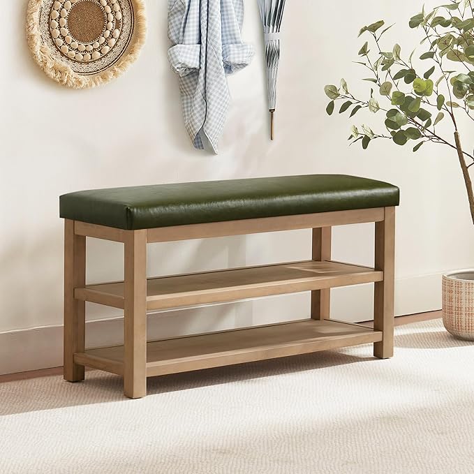 Shoe Rack Bench with Leather Cushion, 2 Tier Solid Wood Storage Bench, Mid-Century Modern Shoe Bench for Entryway, Hallway, Closet, Front Door Entrance, Foyer (Green, 39.4")