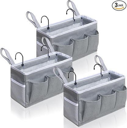 Kanrichu Bedside Caddy Hanging Storage Bag, Organizer Baskets with Pockets for Bunk Bed Accessories, Loft & Dorm Rooms Chair Bed Rails (Gray-3pcs)