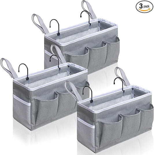 Kanrichu Bedside Caddy Hanging Storage Bag, Organizer Baskets with Pockets for Bunk Bed Accessories, Loft & Dorm Rooms Chair Bed Rails (Gray-3pcs)