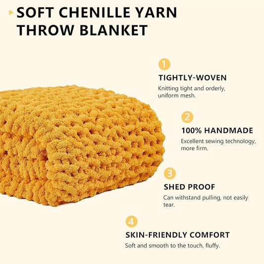 L'AGRATY Chunky Knit Blanket Throw - Soft Chunky Throw Blanket 60x80: 100% Hand Kintted Chenile Crochet Throw Blanket for Couch - Large Cable Knit Chunky Blanket for Home Decor(Mustard Yellow)