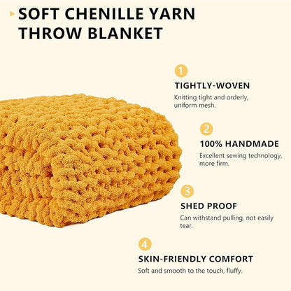 L'AGRATY Chunky Knit Blanket Throw: 72''x84'' Chenille Chunky Knitted Throw Blankets for Bed Couch - Handmade Thick Big Cable Knit Blanket - Large Crochet Rope Blankets for Home Decor(Yellow)