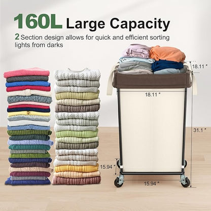 160L Laundry Basket with Wheels, 2 Section Large Rolling Laundry Hamper Bag with Wheels, Clothes Hamper Cart for Laundry, Bedroom, Bathroom and Dorm