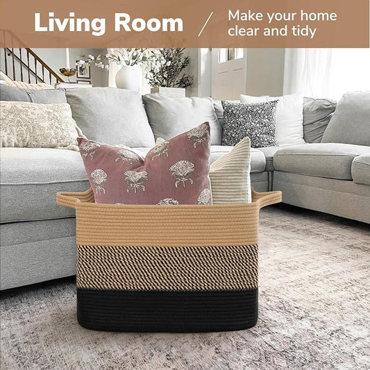 Goodpick Large Woven Basket 18" x 14" x 12" Cotton Rope Storage Baskets for Organizing, Rectangle Wicker Laundry Basket with Handles, Toy Baskets for Kids, Black & Jute