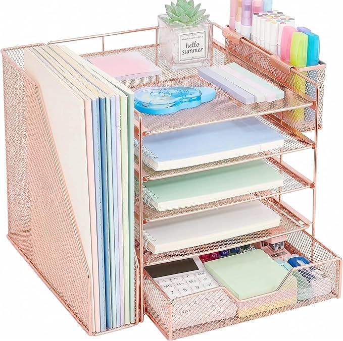 Desk Organizers and Accessories, 5-Tier Paper Letter Tray Organizer with File Holder, Drawer & Pen Holder, Office Desk Accessories, Desktop Organizer for Classroom Office Supplies, Rose Gold