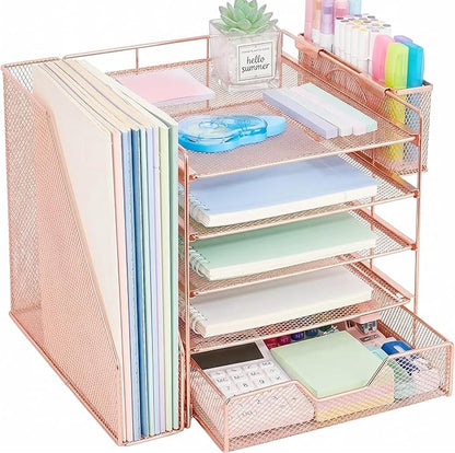 Desk Organizers and Accessories, 5-Tier Paper Letter Tray Organizer with File Holder, Drawer & Pen Holder, Office Desk Accessories, Desktop Organizer for Classroom Office Supplies, Rose Gold