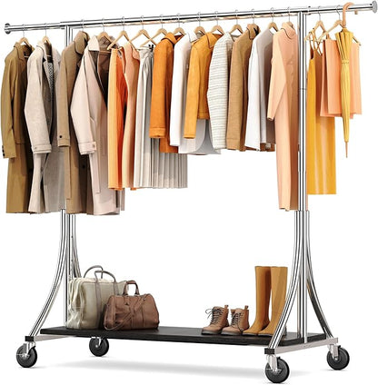 HOKEEPER Clothes Rack with Wood Shelves Height Adjustable Clothing Rack with Lockable Wheels 500LBS Portable Wooden Garment Closet for Bedroom, Living Room, Laundry, Balcony, Silver