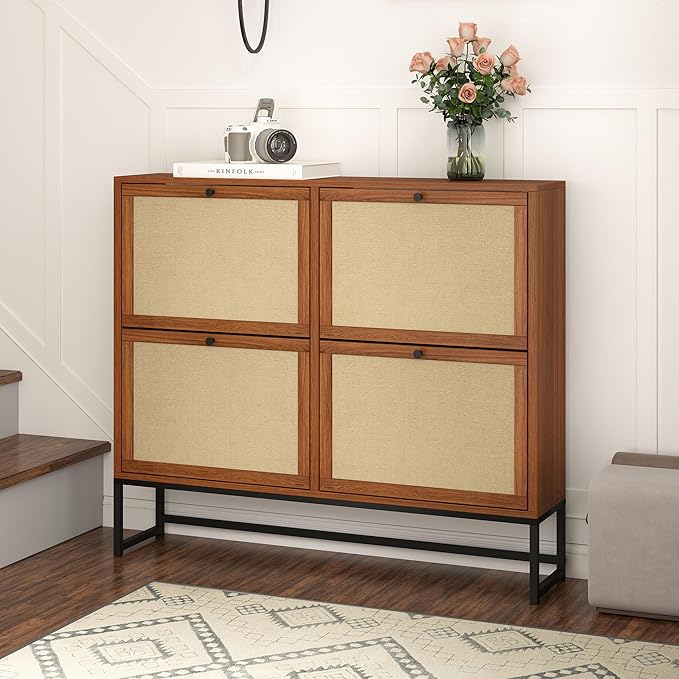 Shoe Cabinet, Shoe Storage Cabinet with 4 Flip Drawers, Freestanding Shoe Organizer Shoe Rack for Entryway, Hallway, Living Room (Walnut - 8 Tiers)