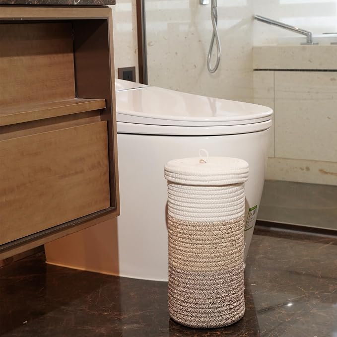 Toilet Paper Holder Handmade – Woven Cotton Toilet Paper Stand & Storage Basket with Lid, Freestanding Organizer for Bathroom, Fits 3 Mega Rolls Gradient Brown 14'' x 7''