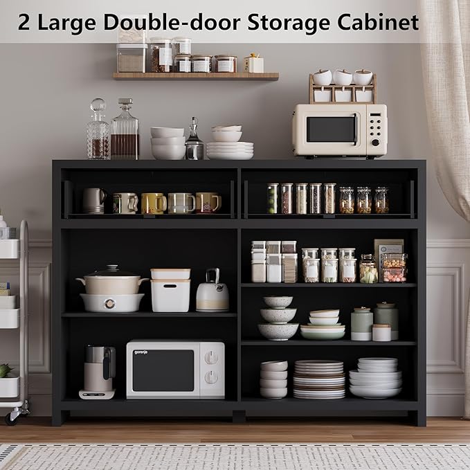Fluted Sideboard Buffet Cabinet with Storage and Large Drawers, 55" Credenza Storage Cabinet for Living Room & Entryway, Farmhouse Buffet Table with Adjustable Shelves, Console Cabinet, Balck