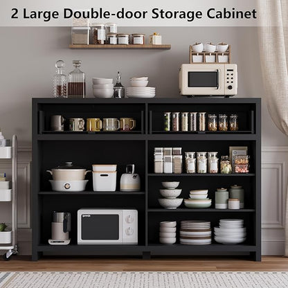 Fluted Sideboard Buffet Cabinet with Storage and Large Drawers, 55" Credenza Storage Cabinet for Living Room & Entryway, Farmhouse Buffet Table with Adjustable Shelves, Console Cabinet, Balck