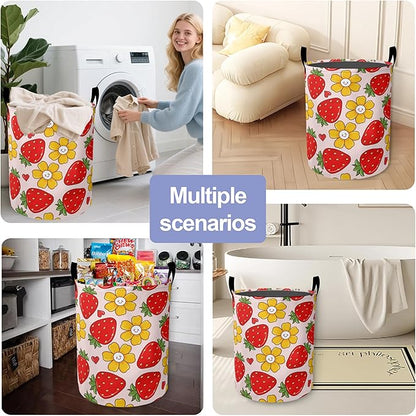 Groovy Strawberry Laundry Basket-Large Foldable Hamper Holder Portable Tall Collapsible Laundry Hamper Storage Basket Bin with Handles, Canvas & Waterproof lining for Household Items