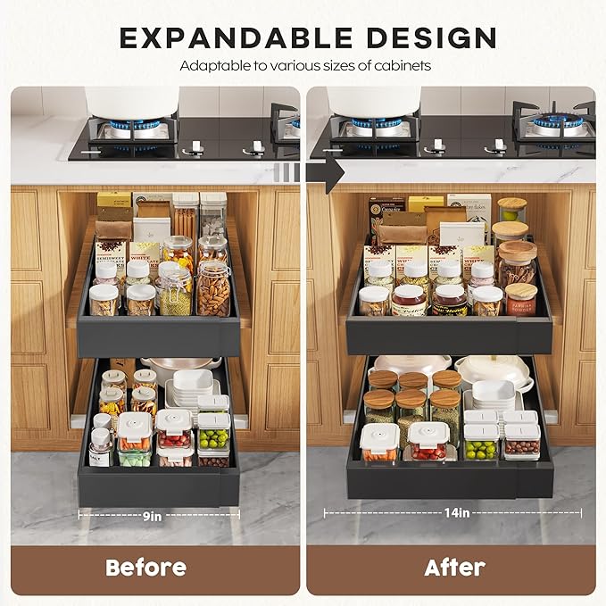 Seinloes 4 Pack Pull Out Cabinet Organizers 21" Deep With Raising Pad for Framed Cabinets, Expandable Width (9"-14") Slide Out Drawers Upgrade 3 Slide Rails, Roll Out Shelves Adhesive, Black