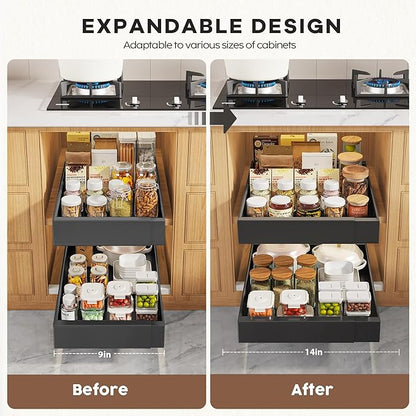 Seinloes 4 Pack Pull Out Cabinet Organizers 21" Deep With Raising Pad for Framed Cabinets, Expandable Width (9"-14") Slide Out Drawers Upgrade 3 Slide Rails, Roll Out Shelves Adhesive, Black