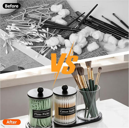 3 Pack 10 oz Acrylic Qtip Holder with Tray Labels Dispenser- Bathroom Small Clear Plastic Canister Apothecary Jar Set Essentials Accessories Decor, Vanity Storage Organizer