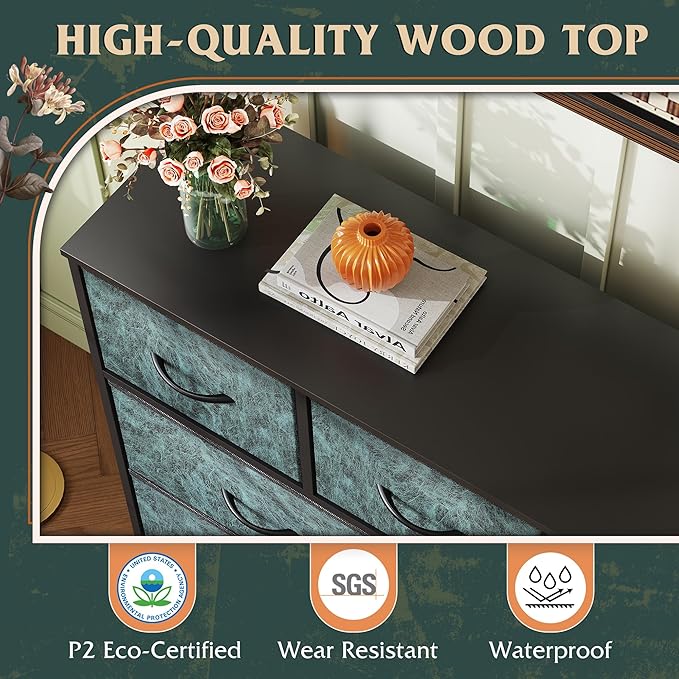 WLIVE 9 Drawer Dresser, Fabric Storage Tower for Bedroom, Hallway, Closet, Tall Chest Organizer Unit for Bedroom with Fabric Bins, Steel Frame, Wood Top, Easy Pull Handle, Vintage Green