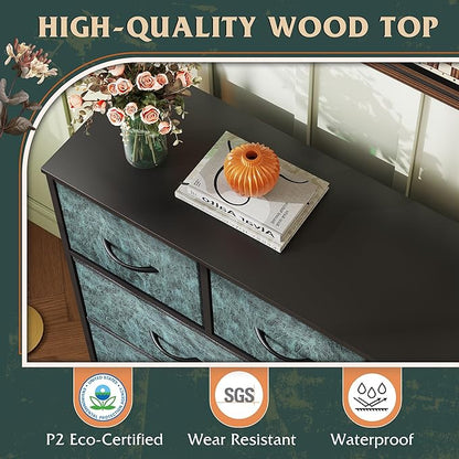 WLIVE 7 Drawer Dresser TV Stand, Entertainment Center, Media Console Table with Metal Frame and Wood Top for TV up to 45 inch, Chest of Drawers for Bedroom, Living Room, Vintage Green