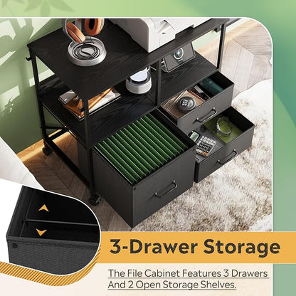 DEVAISE 3 Drawer File Cabinet with Charging Station, Rolling Printer Stand for Office Storage, Mobile Filing Cabinet fits Under Desk Storage, Black