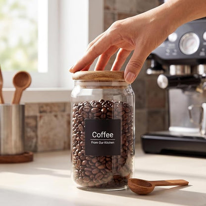 4-Pack 23 oz Glass Jars with Wooden Lids, Spice Jars | Wide mouth for scooping. Solid acacia wood lids & spoons (no plastic). Airtight seal. For coffee, oats, spices, dry goods.