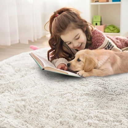 OLANLY Ivory Round Rugs for Bedroom - Machine Washable, 2 ft Circle Area Rugs for Living Room, Soft and Fluffy Shaggy Carpet for Teen Girls and Boys, Nursery Rooms, Dorms, Home Decor Aesthetic