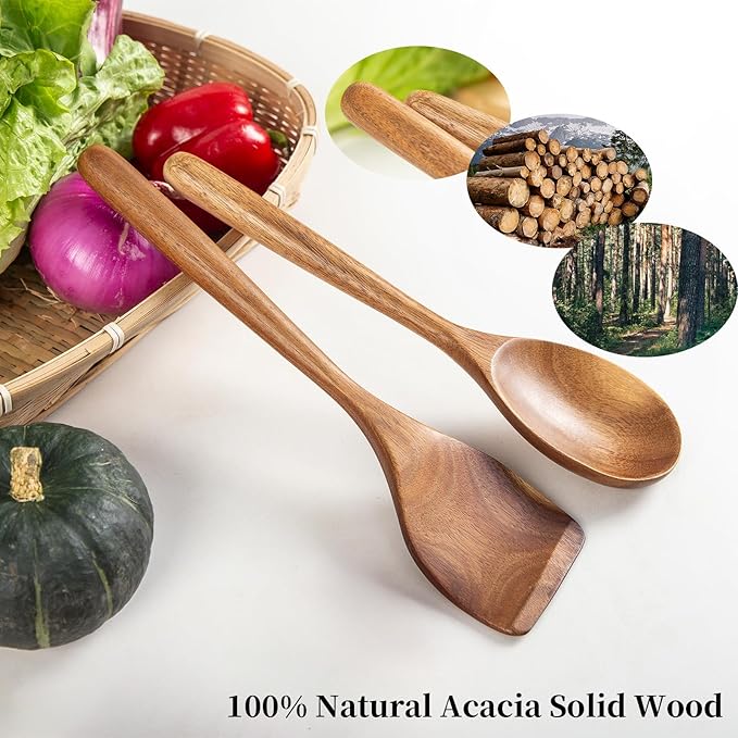 MornHalo 2PCS Acacia Wooden Spoons For Cooking 12-inch Smooth Finish Spatula Spoon And Cooking Spoons-Comfortable Grip Wood Spoons for Cooking - Non-Stick Wooden Cooking Utensils