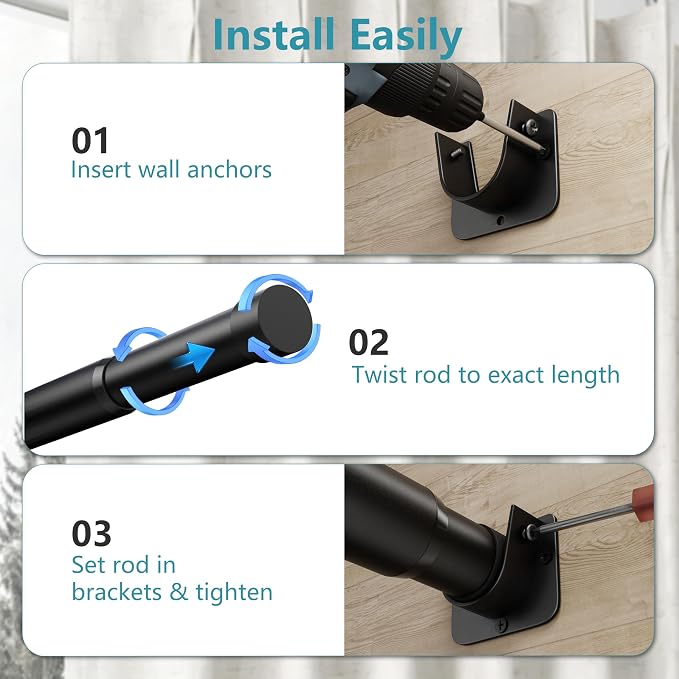 STARLATTA Heavy Duty Black Closet Rod: 17-69 Inch Stepless Adjustable Clothes Hanging Bar, 1.3" Diameter Metal Wardrobe Pole with Brackets, No-Cut, for Laundry & RV