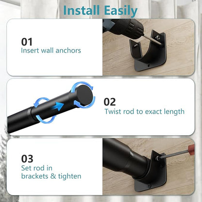 STARLATTA Heavy Duty Black Closet Rod: 17-84 Inch Stepless Adjustable Clothes Hanging Bar, 1.3" Diameter Metal Wardrobe Pole with Brackets, No-Cut, for Laundry & RV