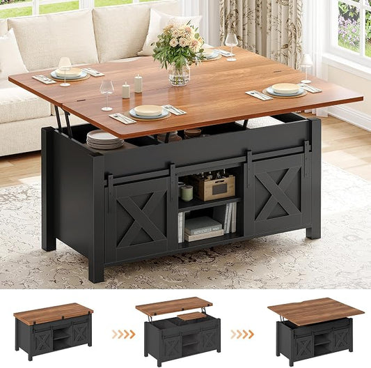 SEDETA Lift Top Coffee Table, 4 in 1 Multi-Function Convertible Coffee Tables with Storage and Hidden Compartment, Farmhouse Coffee Table Converts to Dining Table for Living Room, Black Brown