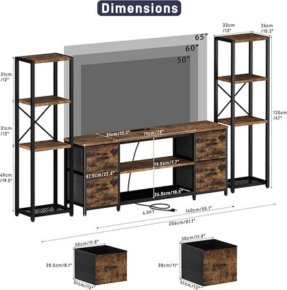 LED TV Stand Bookshelf Combo with Charging Station for 65 60 55 Inch TV, Entertainment Center with Lights & Drawers, Industrial Media TV Console Table for Living Room Bedroom Office, Rustic Brown