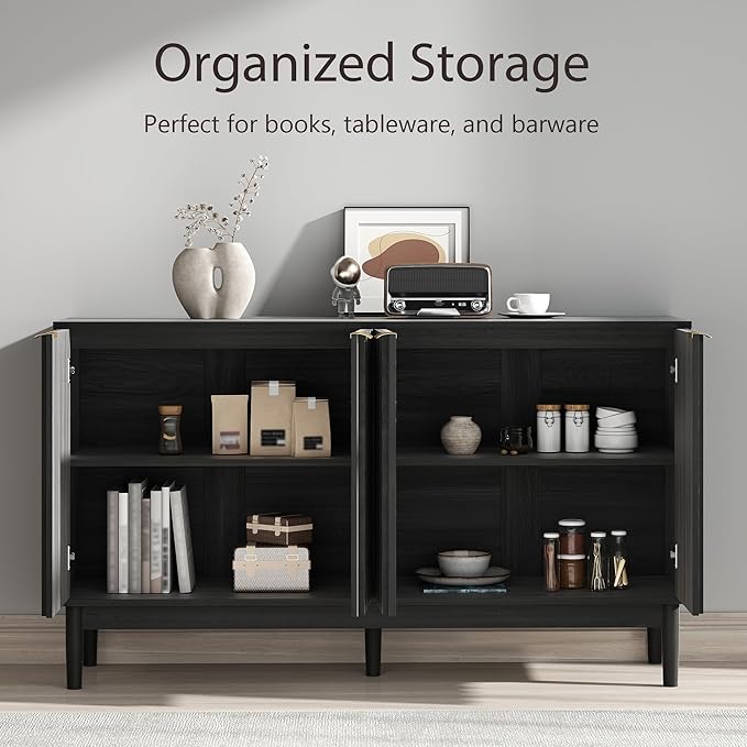 Fluted Cabinet with Storage, Buffet Cabinet Sideborad with 4 Doors, Black Buffet Storage Accent Cabinets with Adjustable Shelves for Living Room, Entry, Hallway, Kitchen