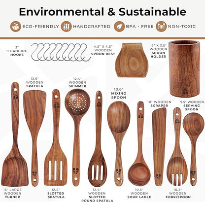 Wooden Spoons for Cooking – 12 Pcs Teak Wooden Utensil Set, Cooking Utensils Set with Holder, Hooks & Spoon Rest - Heat Resistant, Durable, Nonstick Safe Kitchen Cookware