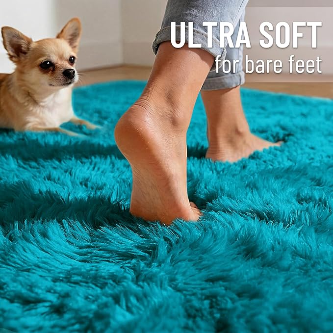 OLANLY Teal Round Rugs for Bedroom - Machine Washable, 2 ft Circle Area Rugs for Living Room, Soft and Fluffy Shaggy Carpet for Teen Girl and Boys, Nursery Rooms, Dorms, Home Decor Aesthetic