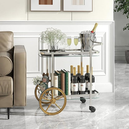 Giantex 2-Tier Bar Cart, Stylish Rolling Serving Cart w/Tempered Glass Shelves, 2 Large Aluminum Front Wheels, Stainless Steel Frame, Mobile Storage Shelf, Home Trolley Cart for Kitchen, Dining Room