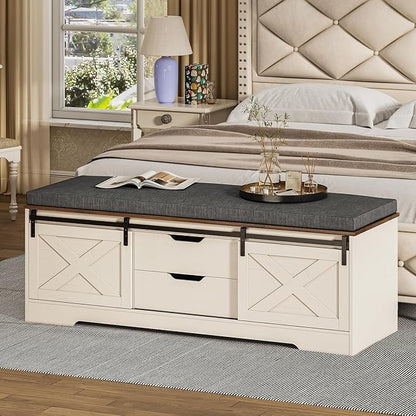 60“ Farmhouse Storage Bench with Cushion, Shoe Rack with Slide Barn Doors, Adjustable Shelf and 2 Drawer for Entry, Bedroom, Closet, Living Room, Hallway (White Brown, 60 in)