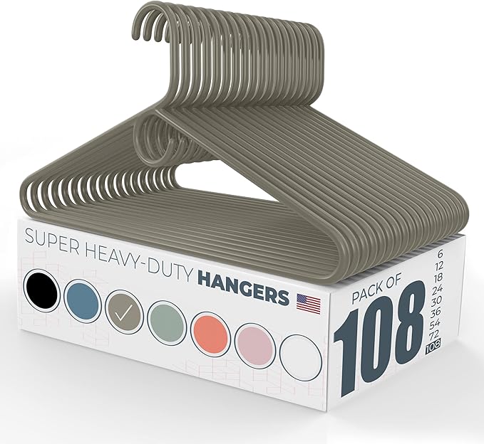 Neaties Super Heavy Duty Clothes Hangers 100 Pack (108 Count) – Made in The USA - 10lb Capacity, Thick Plastic Hangers for Pants, Coats, Jackets, Jeans and Adult Clothing – Gray