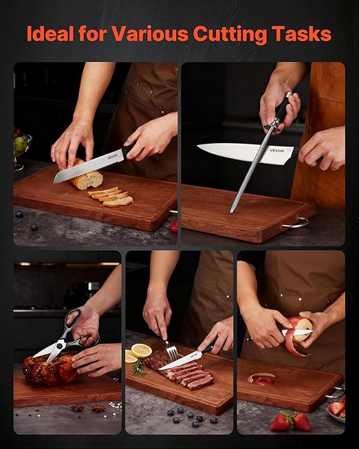 VEVOR Kitchen Knife Set with Block and Sharpener, 15 Piece High Carbon Stainless Steel Sharp Knife Set, Kitchen Cutlery with Ergonomic Handle, Sharpening Rod and Premium Wooden Block, for Home Cooks