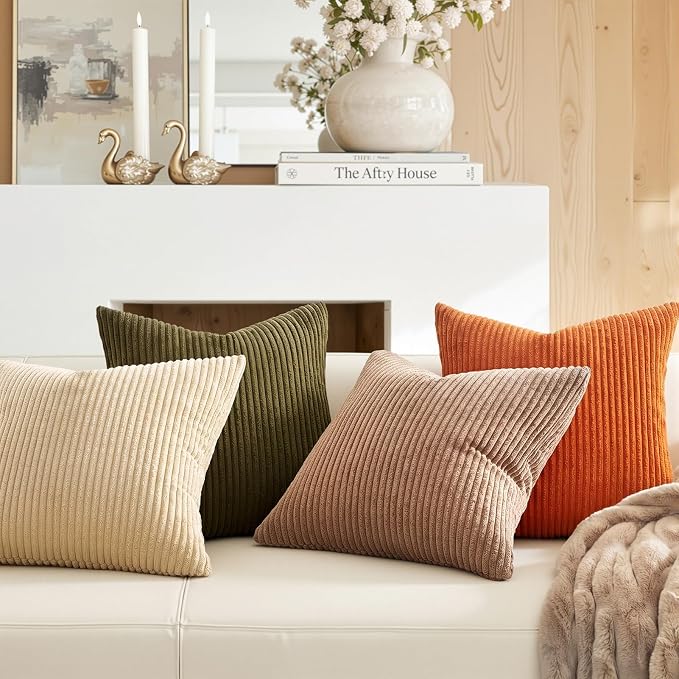 Topfinel Rust OliveGreen Throw Pillow Covers 18x18 Inch Set of 4 Boho Farmhouse Cushion Covers Soft Corduroy Fall Home Decor for Couch Bed Sofa Living Room