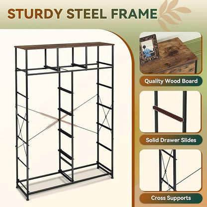Tall Console Table with 13 Fabric Drawers, Entryway Table with Storage, Tall Storage Organizer with Wood Top, Steel Frame for Living Room, Hallway, Office, Rustic Brown Wood Grain Print