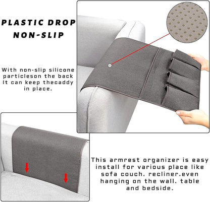 NB Sofa Armrest Organize Remote Holder Bedside Caddy Organizer With 5 Pockets，Non-Slip Couch Remote Control Holder Couch Armchair Caddy Accessories (Dark Grey, 35''X18'')