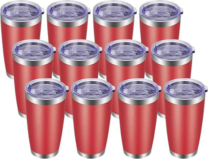 VEGOND 20oz Tumbler with Lid and Straw Stainless Steel Tumbler Cup Bulk Vacuum Insulated Double Wall Travel Coffee Mug Powder Coated Coffee Cup(Powder Red 12 Pack